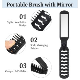 2 Pack Folding Brush for Purse, Collapsible Hair Brush, Anti-static & Compact Travel Brushes with Mirror, for Women & Men, Black (Lightweight & Portable)