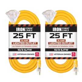 IRON FORGE CABLE 2 Pack of 10 Gauge Extension Cord 25ft with 3 Outlets, 25ft Heavy Duty Cord with Multiple Outlets 3 Prong Lighted Plug, Multi Pack Weatherproof Outdoor Extension Cord, Yellow 10/3