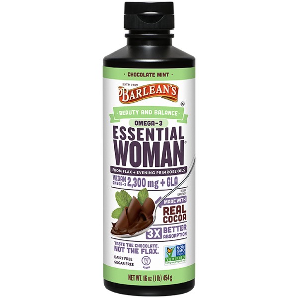 Barlean's Essential Woman Chocolate Mint Liquid Supplement from Flaxseed, Evening Primrose Oil & Soy Isoflavones, Omega 3 6 9 and GLA, Hormonal Balance & Healthy Hair and Skin, 16 oz