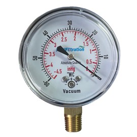 PRM Vacuum Gauge 0 to -60" WC / 0 to -4 inHg, 2.5 Inch Dial, Chrome-Plated Steel Case, Brass Internals, 1/4 Inch NPT Bottom Mount, Dry Gauge for Air & Water Applications, ±1.5% Accuracy