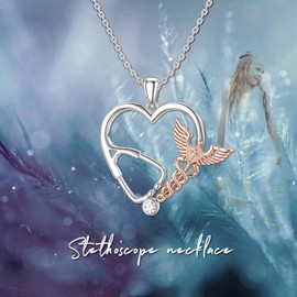 HARMONY BOLA Rose Gold Caduceus Angel Nursing Pendant Stethoscope Heart shape Necklace Jewellery Thanks Gifts for Nurse Doctor Women Girls 18"+2" Chain, with Cubic Zirconia