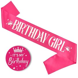 Birthday Girl Ribbon Satin Fabric Birthday Button Pins Tinplate Birthday Award Ribbon Badge Strap Set Party Supplies-C