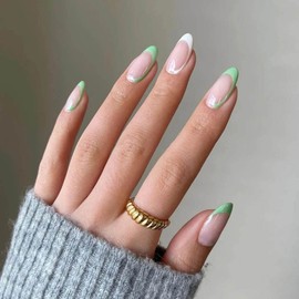 Bufenia 24 Pieces Almond False Nails French Fake Nails with Designs Stick on Nails Acrylic Oval Press on Nails for Women and Girls (Cyan and White)