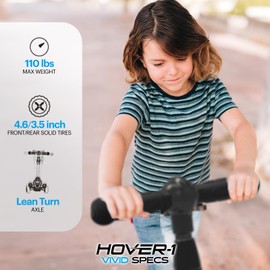 Hover-1 Vivid Folding Kick Scooter for Kids (5+ Year Old) | Features Lean-to-Turn Axle, Solid PU Tires & Slim-Design, 110 LB Max Load Capacity, Safe, Black