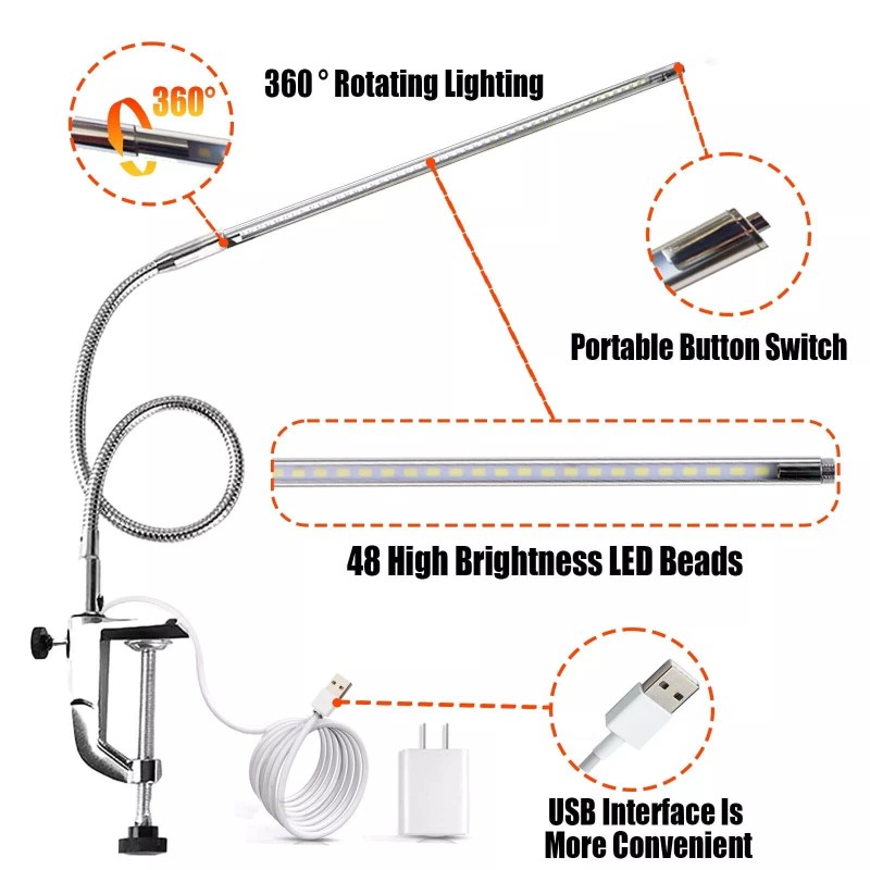 Brokimis Desk Light with Clamp, USB LED 8W Clip Nail