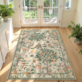 Lanffia Botanical 5x7 Washable Area Rug, Soft Whimsical Non Slip Rugs for Nursery, Beige Tree Plant Indoor Floor Throw Rug, Nature Living Room Decor Low Pile Carpet