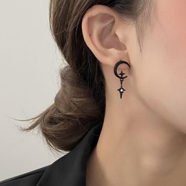Black Moon Star Stud Drop Dangle Earrings for Women,Asymmetric Eclipse Punk Gothic Earrings for Women Star Statement Earrings Accessories (Black)