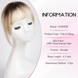 EMMOR Clip in Bangs, 100% Human Hair Bangs with 3 Non-slip Clips, 360°Cover Top HairPieces with 5 inch Wispy Fringes for enhancing Women's Facial Features