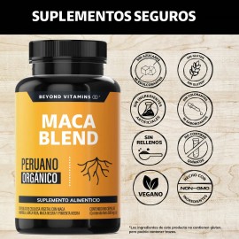 Maca Blend Maca Peruana Orgnica Con Pimienta Negra - Maca Negra Peruana, Maca Amarilla, Maca Roja - Capsulas Maca - Testosterona - Precursor Vegan -  