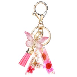 Choleeki Cute Initial Letter Keychains for Women Girls withTassel Butterfly Pink Flower Green Keychain for Purse Backpacks Handbags (A)