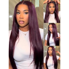 KLAIYI Black Cherry Layered Straight 7x5 Pre Cut Lace Front Wigs Human Hair Bye Bye Knots Glueless Ready to Wear Go Wig Pre Plucked Pre Bleached Dark Burgundy Wine Red Beginner Wig 180% Density 16Inch