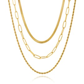 GZJOGO Gold Necklaces Stack for Women, Dainty 14k Gold Chain Necklaces, Simple Layered Choker Necklaces, Multilayer Herringbone Cuban Paperclip Chain