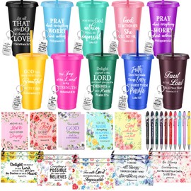 Funnymoom 50 Pcs Christian Gifts for Women Mother's Day Inspirational Religious Plastic Tumbler Bible Verse Makeup Bag Ballpoint Pens Keychains Church Spiritual Gifts for Faith Pastor's Wife Birthday