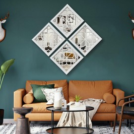 ZEXUIRU Set of 4 Wooden Rustic Square Wall Mirror Vintage Style Decorative Entry Mirror Farmhouse Wall Decoration for Living Room Bedroom Bathroom Kitchen 11.8 * 11.8inch White…