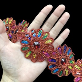 Cintas de encaje de girasol de 4.5 yardas de 5.8 cm de ancho, bordadas florales para coser en encaje, adornos de ropa, decoración de manualidades (naranja rojo)