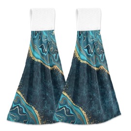 Hand Towels for Bathroom Turquoise Blue Marble Gold Veins Kitchen Towels Hanging Decorative Soft Absorbent Coral Fleece Dishcloth Set of 2