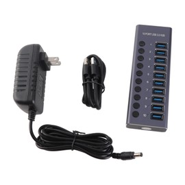 985A 10 Port USB 3.0 Hub USB Splitter Hub USB Docking Station 300MB/S High Speed Transmit with Individual Switches 12V 5A Power Adapter for Laptop PC Smartphone Tablet Keyboard Mouse