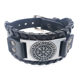 Vikings Vegvisir Viking Compass Leather Bracelet Metal Black Silver, Zinc