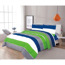 Sapphire Home 3 Piece Full Size Comforter Set Bed in Bag with Shams, Green Gray Blue Stripes Print Multicolor Boys Kids Girls Teens Bedding, (3pc, Green/Gray)