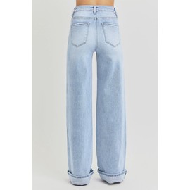 SALT TREE Risen Jeans - Tummy Control High Rise Wide Cuffed Jeans - RDP5975 Lightblue