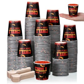 Teenyyou 400 Pcs 5 oz Chili Cook off Party Decorations Mini Chili Cook off Tasting Cups Disposable Sample Paper Cup Bowls and Wooden Spoons for Competition Prizes Party Cooking Supplies(Black)