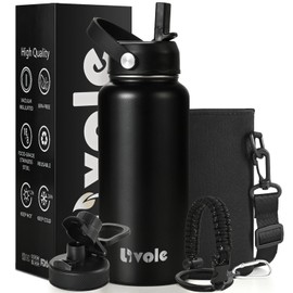 Livole Stainless Steel Water Bottle for Women, Men, 32oz 950ml Insulated Water Bottles for Sports, Gym, Travel, Climbing, Vacuum Metal Water Bottle with Straw and 2 Lids, Bottle Carrier, Black