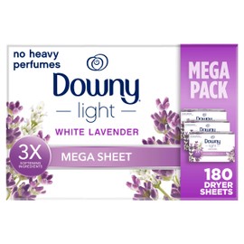 Downy Light Mega Dryer Sheets, Fabric Softener Dryer Sheets, White Lavender, 180 Count