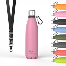 Daikoku Stainless Steel Bottle + Adjustable Strap + Carabiner, BPA Free Double Walled Thermos Flask, Reusable Water Bottle, Airtight Cap, Yellow, Capacity 500 ml