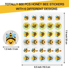 600 Pieces Bee Stickers Cute Yellow Bumble Honey Bee Stickers Round Bee Label Decals for Kids Birthday Baby Shower Teacher Reward Bee Theme Party Classroom Decoration, 1.2 Inch