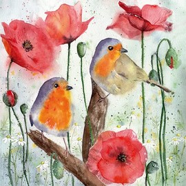20 napkins, birds and poppies, animals, flowers, summer, table decoration, 33 x 33 cm