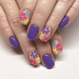Short Press on Nails Square Fake Nails Purple False Nails with Colorful Flower Design Glue on Nails Press ons Glossy Full Cover Stick on Nails Cute Acrylic Nails for Women Spring Manicure 24Pcs