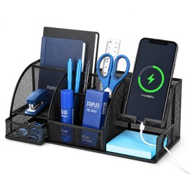 (Smartphone Charging Cable Compatible) Desk Organizer, Desktop Pen Holder, Accessory Holder, Smartphone Stand, Stationery Storage, Clip Holder, Black