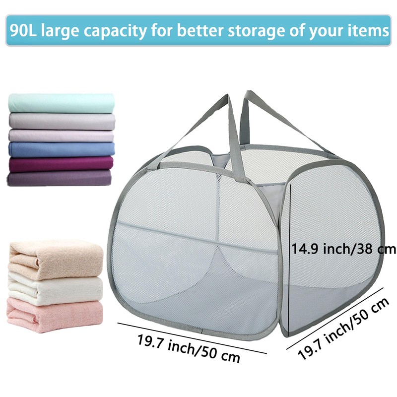 Kimmama Laundry Baskets, Foldable Pop-Up Mesh Collapsible Hamper with Side