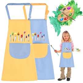 LYNBLY Children's Painting Aprons, Set of 2, Adjustable Cooking Apron for Boys and Girls, with Bag, Waterproof Aprons for Painting, Cooking, Baking, Gardening, DIY Art, Blue + Yellow