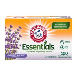 Arm & Hammer Essentials Fabric Softener Sheets, Lavender & Linen, Made with Essential Oils, Softens Clothes, Stops Static, 5.5x9 inches, 100 Count (Pack of 2)