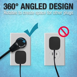 360-Degree Rotating Extension Cord, 6 Foot Flat Extension Cord Plug - Reduces Cable Clutter, Provides Easy Access to Hard-to-Reach Sockets, UL Listed - Black