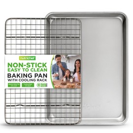 NutriChef Non Stick Baking Sheets, Cookie Pan Aluminum Bakeware with Cooling Rack, Professional Quality Kitchen Cooking Non-Stick Bake Trays with Silver Coating Inside and Outside, Medium Size