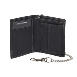 Mini Biker Wallet Extra Thin with Chrome Chain in Portrait Format LEAS MCL in Real Leather Black Vintage Collection, black, closed