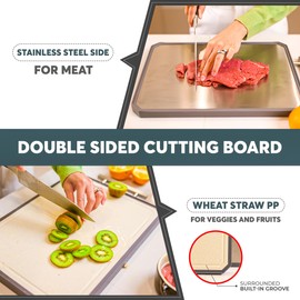 Dropereum Stainless Steel Cutting Boards for Kitchen Double Sided Metal Cutting Board Non Toxic Cutting Board with Juice Groove Large Non Slip Chopping Board Kitchen Gadgets – 16.3 x 11 Inch