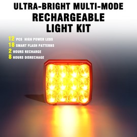 WINECO 2Pcs Rechargeable Flashing Lights for Vehicles, Super Magnetic Strobe Hazard Lights, Amber Led Warning Beacon Emergency Light for Trucks Bus Tractor Oversize Trailer AMBER