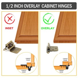 Taokyid Antique Brass Cabinet Hinges for Kitchen Cabinets (10 Pair -20 Pcs) -1/2" Overlay (Variable) Self Closing Cabinet Door Hinges Flush Mount with Upgraded Screws