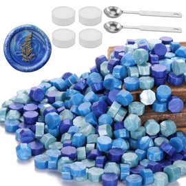 Yoption 300 Pieces Blue Mix Sealing Wax Beads, Vintage Octagon Beads With 4 Candles and 2 Melting Spoons for Seal Stamp (Blue Mix)