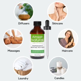 Peppermint Essential Oil 4oz / 120ml by Amson Naturals-100% Pure & Natural Peppermint oil for Hair, Skin, Nails, and Diffusers. Huile essentielle de menthe poivrée.