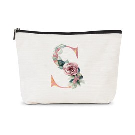 cidobi Cosmetic Bag for Girls, Flowers Surrounding Letter Design, S Letter Cosmetic Bag with Zipper, Suitable for Girls Friends Portable Cosmetic Bag Birthday Gift