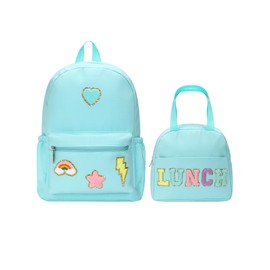 Bulyoou Preppy Light Blue School Backpack Set for Girls Backpack and Lunch Bag with Chenille Patches Light Preppy Bookbag Lunch Bag for School Back to School Gift
