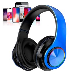 Kids Bluetooth Over Ear Headphones, Colorful LED Lights Headphones with Built-in Mic, Bluetooth 5.0, Wired and Wireless Foldable Stereo Headphones for Classroom/Home Office/Tablet/Airplane(Blue)