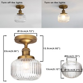Yosoan Indoor Vintage Ceiling Light with Striped Shade, 1-Light Hardwired Modern Vanity Light Industrial Single Rustic Semi Flush Mount Ceiling Lamp Ribbed Glass Shade for Kitchen Hallway(Antique)