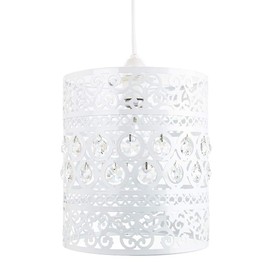 Traditional and Ornate White Easy Fit Drum Pendant Shade with Clear Acrylic Droplets | 20cm Diameter | Shabby Chic Style by Happy Homewares
