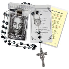 Chaplet of The Holy Face of Jesus - Holy Face Prayer Card, The Lord's Prayer - Black Beads Holy Face Chaplet - Holy Face Medal Rosary, Catholic Cards Set - Coronilla de la Santa Faz de Jesus - 3 Items