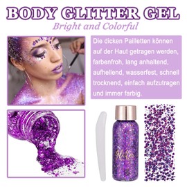 EONFAVE Body Glitter Gel, Glitzer Gesicht Schminke, Sequins Chunky Festival Zubehör Glitter Lidschatten, Glitzerpulver für Gesicht Lippen Nails Körper und Haare, Shinny Pailletten Make Up (108#lila)